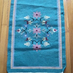 Vintage Moroccan Rug with Cream Fringe Teal Stripes Handwoven Wool Carpet 36”x24
